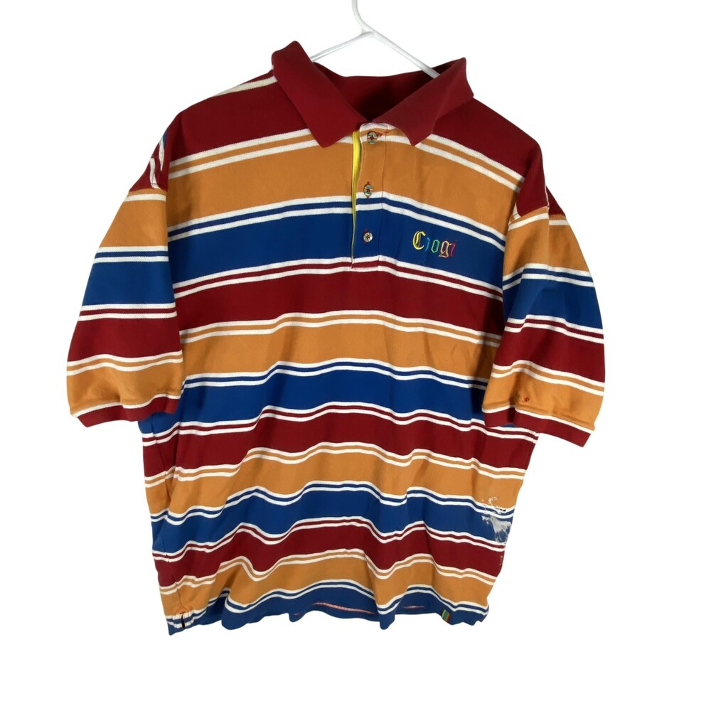 Coogi Polo Shirt Mens 3XL Multicolor Stripe Crest Back Graphic Short Sleeve